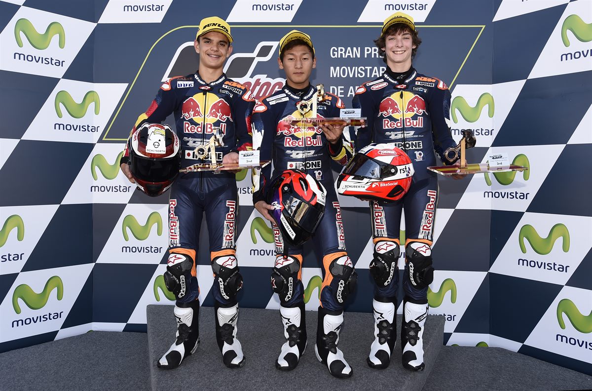 Aleix Viu, Kaito Toba & Rory Skinner podium Aragon 2016