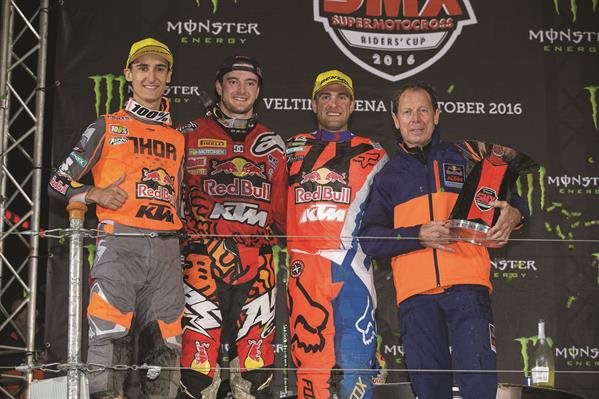 Marvin Musquin, Jeffrey Herlings, Ryan Dungey & Roger De Coster Podium VELTINS-Arena 2016