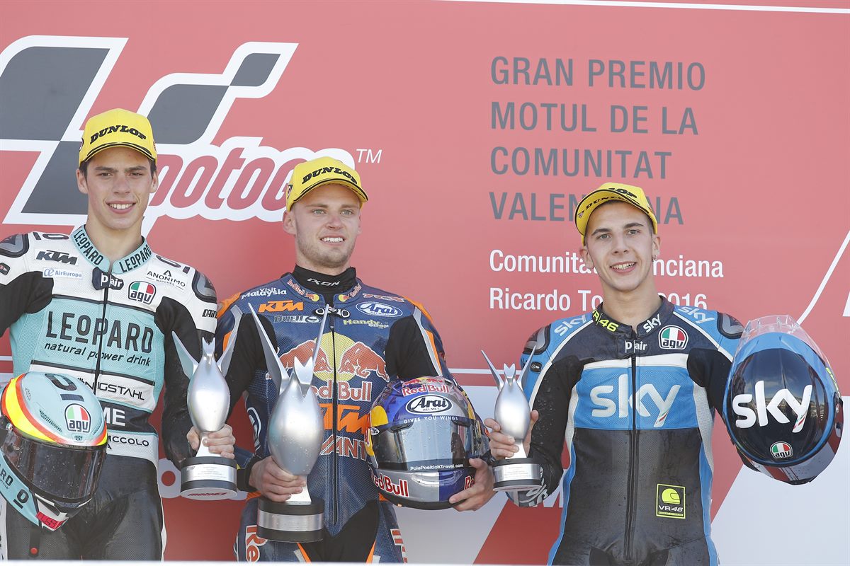 Joan Mir, Brad Binder & Andrea Migno Podium Valencia 2016
