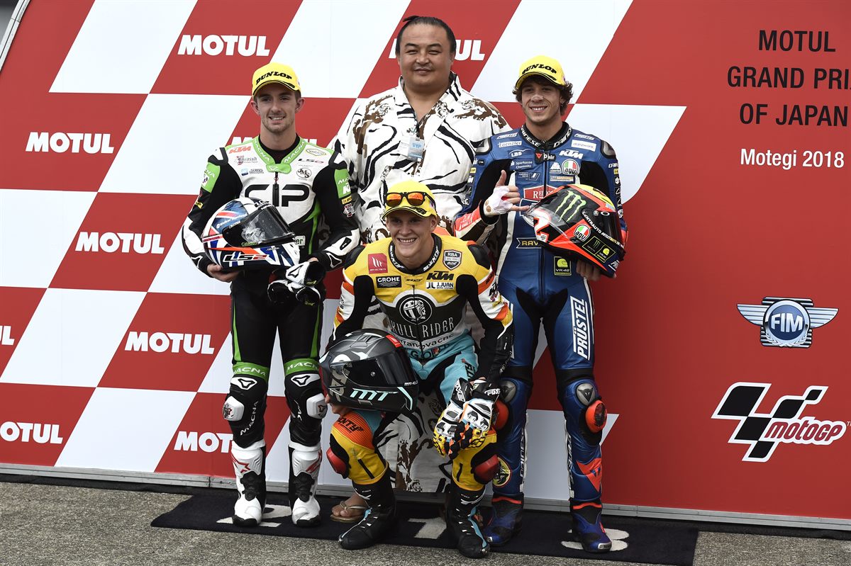 John McPhee, Gabriel Rodrigo & Marco Bezzecchi Parc Ferme Twin Ring Motegi 2018