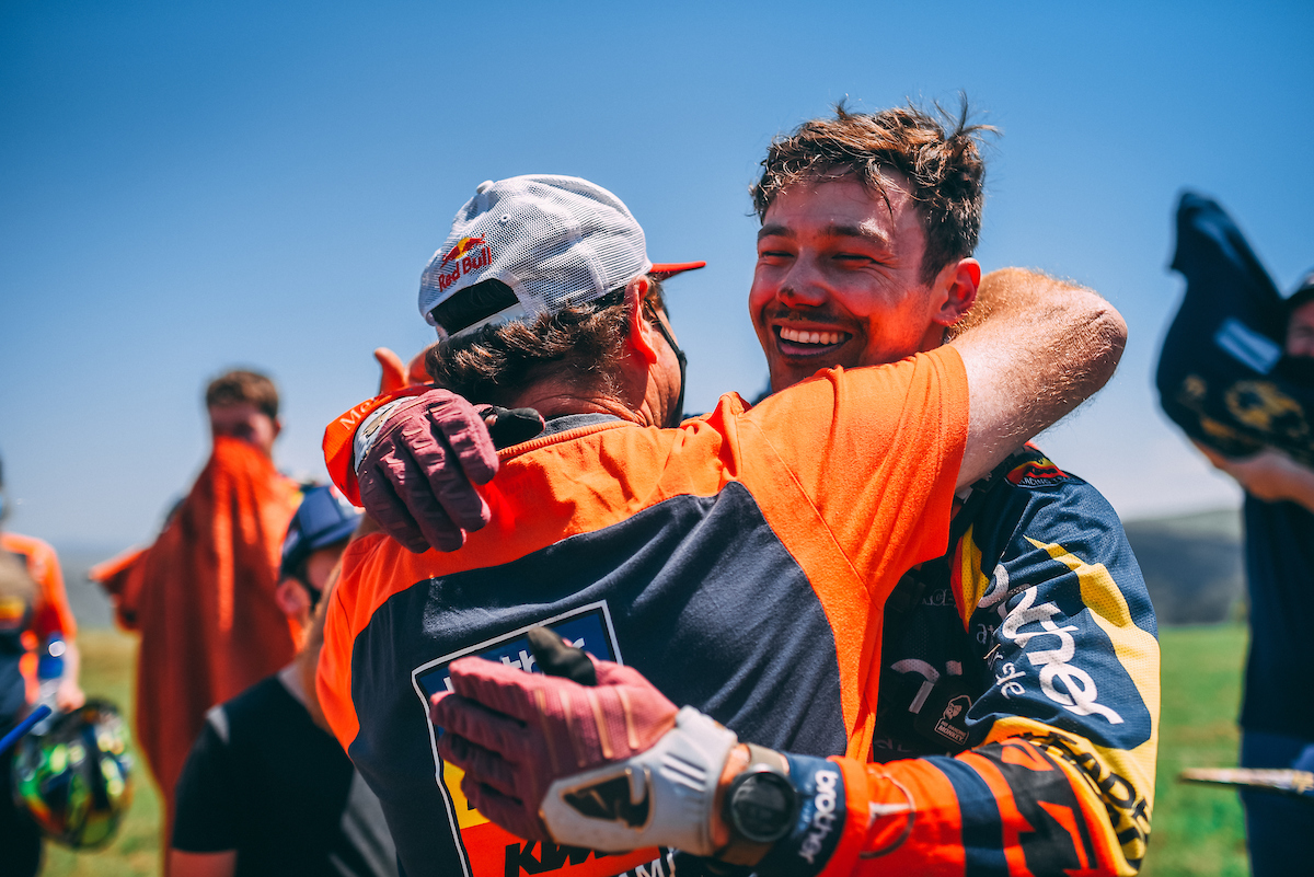 Alfie Cox celebrates as his son Bradley storms to the OR3 National title. 