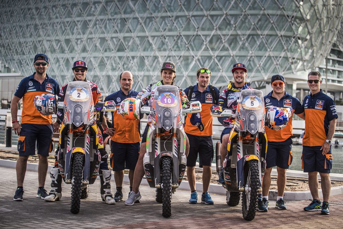 Laia Sanz, Sam Sunderland, Toby Price & Team KTM 450 RALLY Abu Dhabi 2016